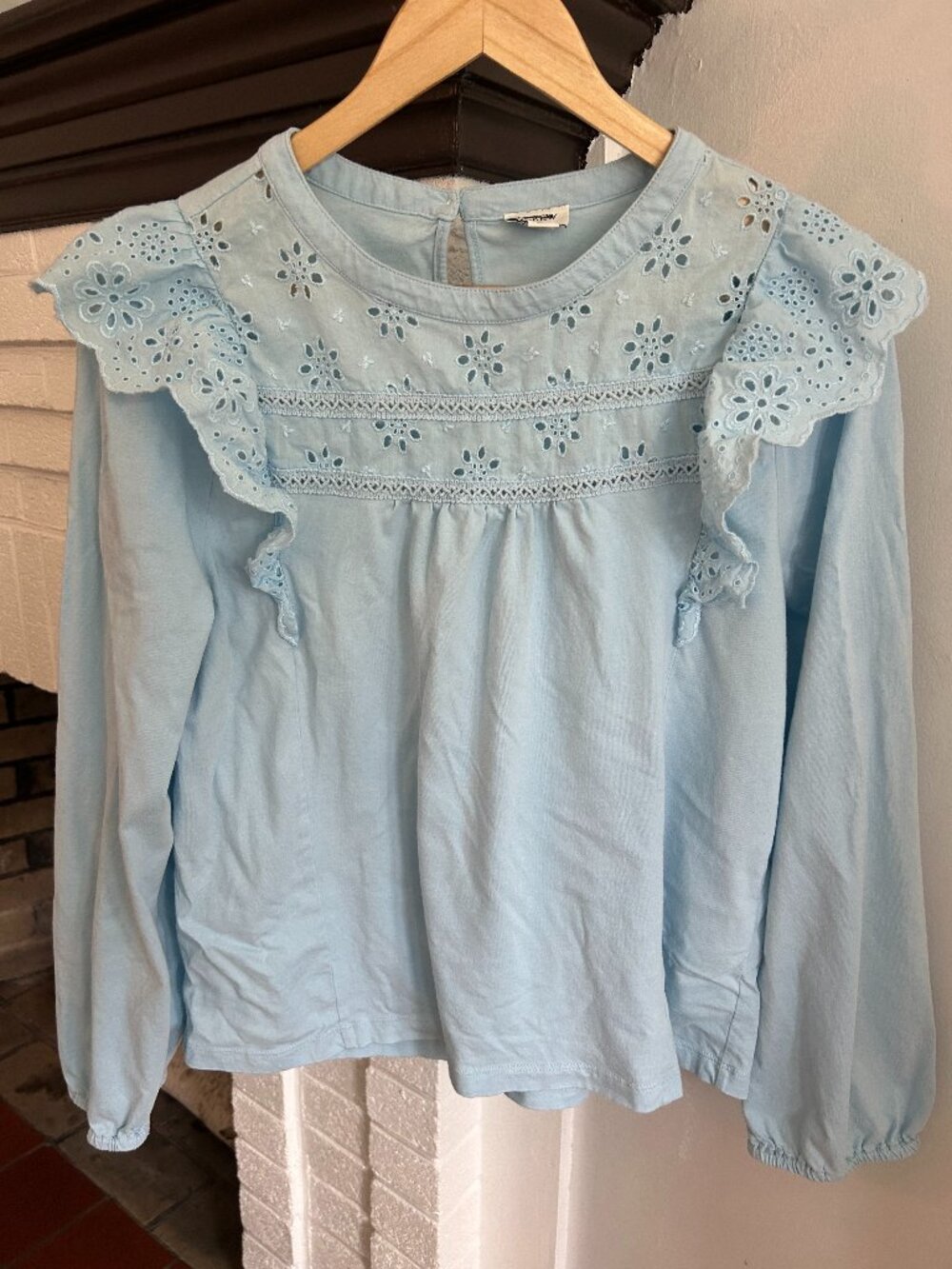 J. Crew Blue Long Sleeve Blouse With Ruffles Size Large